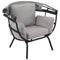 Profile view of gray luxury egg chair with the retraceable shade put down.