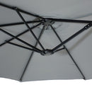 Gray double umbrella tied shut in sqaure base