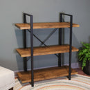 3 tier bookshelf with black frame and wooden veneer shelves