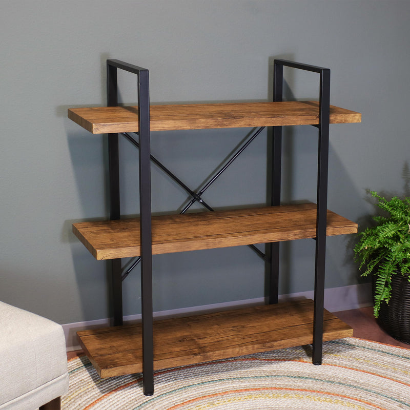 3 tier bookshelf with black frame and wooden veneer shelves