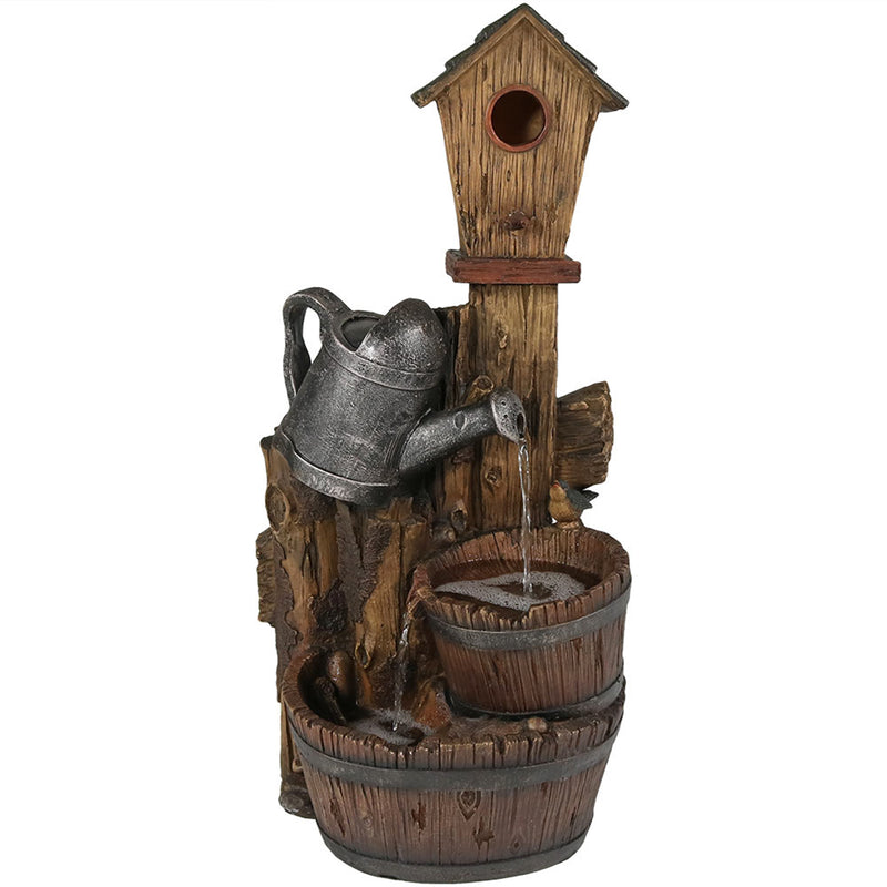 Sunnydaze Rustic Birdhouse and Garden Watering Can Outdoor Water Fountain, 31 Inch Tall, Includes Electric Submersible Pump