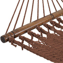 Hardwood spreader bar of brown rope hammock.