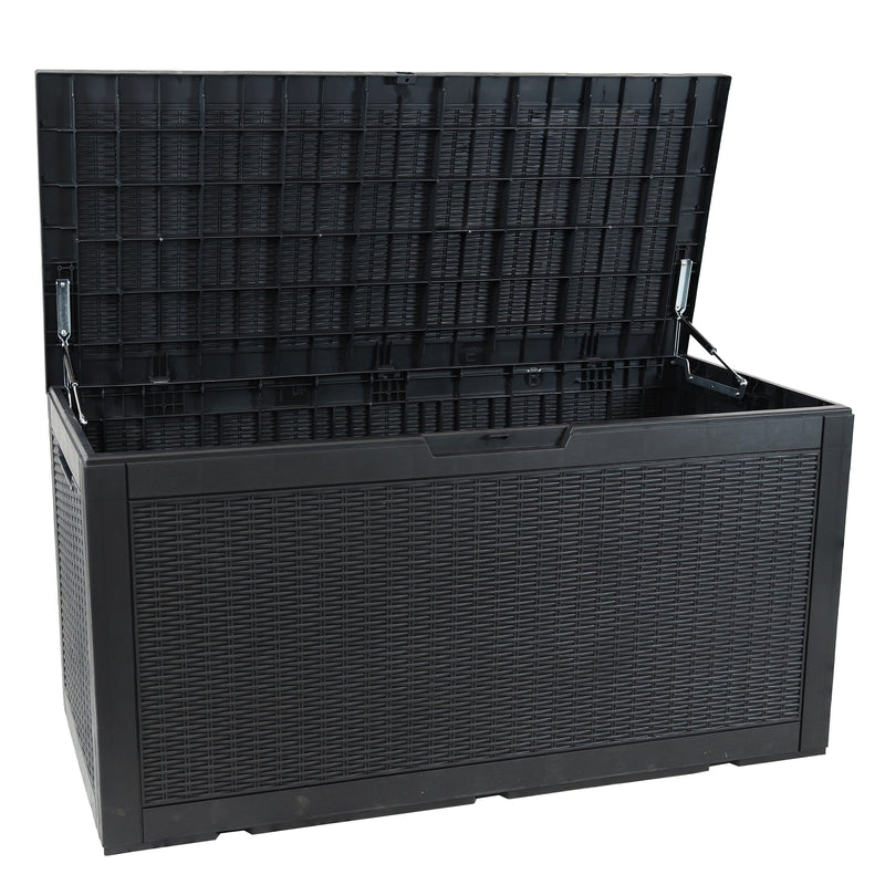 Front facing black, faux lockable deck storage box.