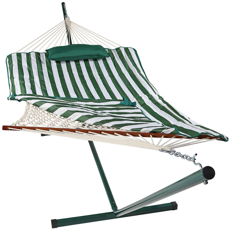 Sunnydaze Green & White Stripe Cotton Rope Hammock with 12-Foot Steel Stand, Pad & Pillow - 275 Pound Capacity