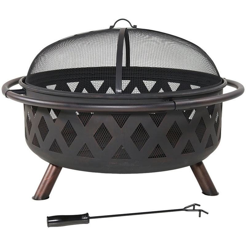 Sunnydaze 36" Crossweave Fire Pit with Spark Screen, Grate, Poker, and Cover