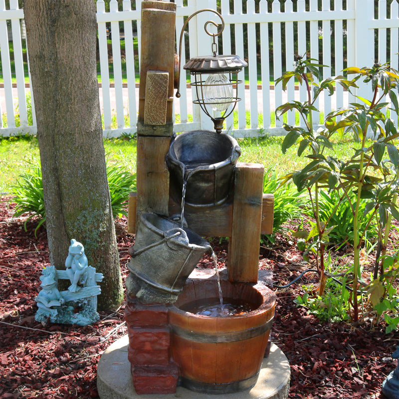 Sunnydaze Rustic Pouring Buckets Outdoor Fountain with Solar Lantern - 34"