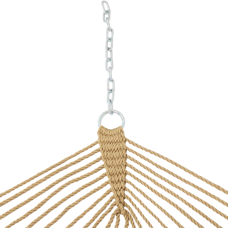 Hanging chain and rope of a gold rope hammock.