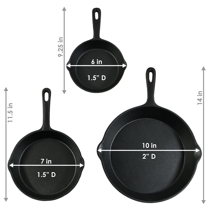 Lodge 3-Piece Pre-Seasoned Cast Iron Skillet Set - Includes 6 1/2, 8, and  10 1/4 Skillets