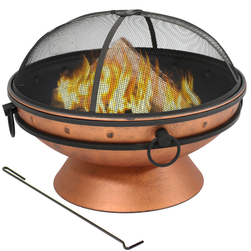 Sunnydaze Royal Cauldron Outdoor Fire Pit with Handles, Spark Screen, & Poker Tool - Copper Look - 30-Inch
