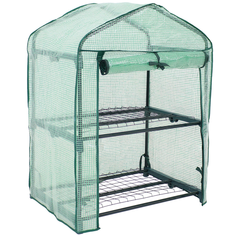 2 tier mini greenhouse with opened zipper door and green cover