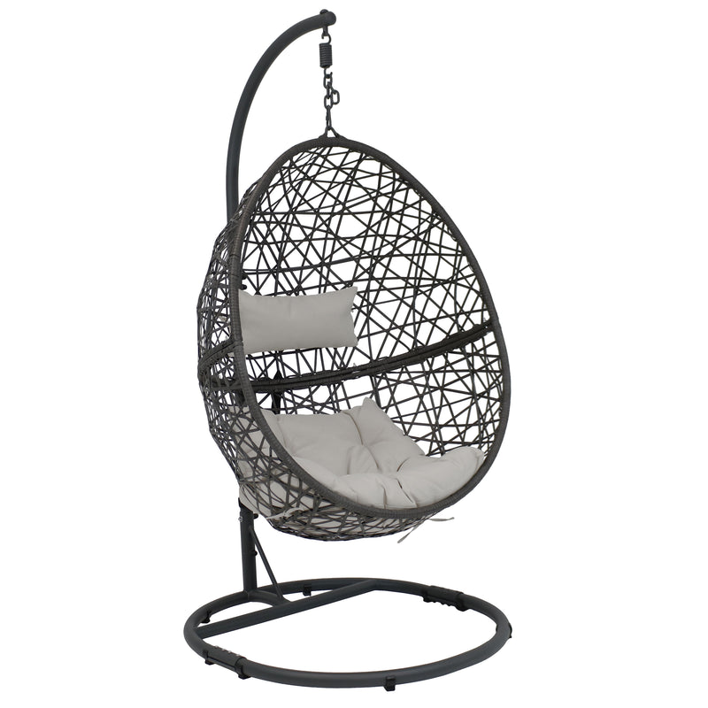 Sunnydaze Caroline Hanging Egg Chair with Steel Stand Set, Resin Wicker, Modern Design, Outdoor Use, Includes Cushion
