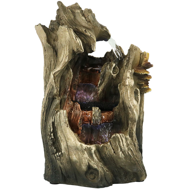 Sunnydaze Cascading Caves Tree Trunk Waterfall Fountain with LED Lights - 14-Inch