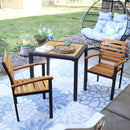 3 piece outdoor dining set with wood tabletop and chairs with wood seat and backrest