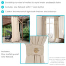 Beige fabric corner of the indoor/outdoor curtain panel.
