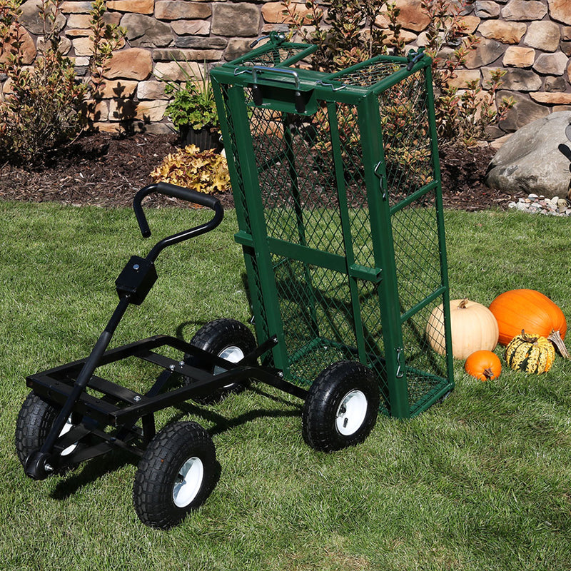 Dimension image with blue arrows and text showing the height, width and depth of the garden cart. 