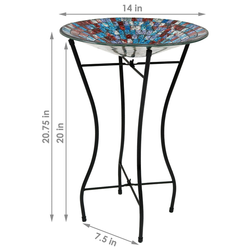 Multicolor glass mosaic bird bath bowl, tiles come in red, blue, and white with unique designs
