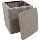 Tan faux rattan storage bin with faux wood lid leaning against the side sitting pool side with a blanket colorful blanket inside.