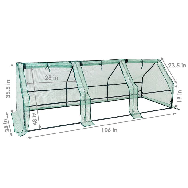 Mini-cloche greenhouse with green polyethylene cover shows all three access doors rolled down