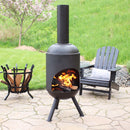 Included wood grate on this outdoor fire pit chiminea allows for better airflow.
