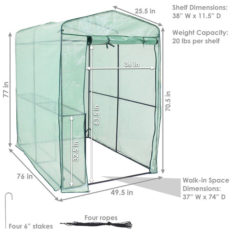 open zippered door for walk-in greenhouse with 1 shelf and green cover