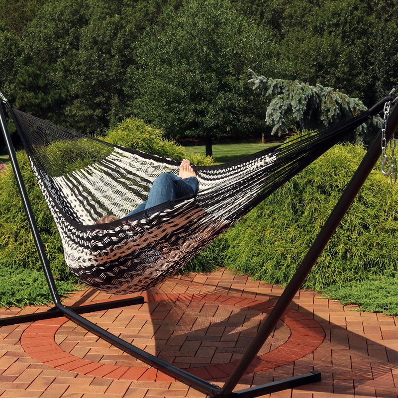 black and natural striped rope hammock without spreader bars