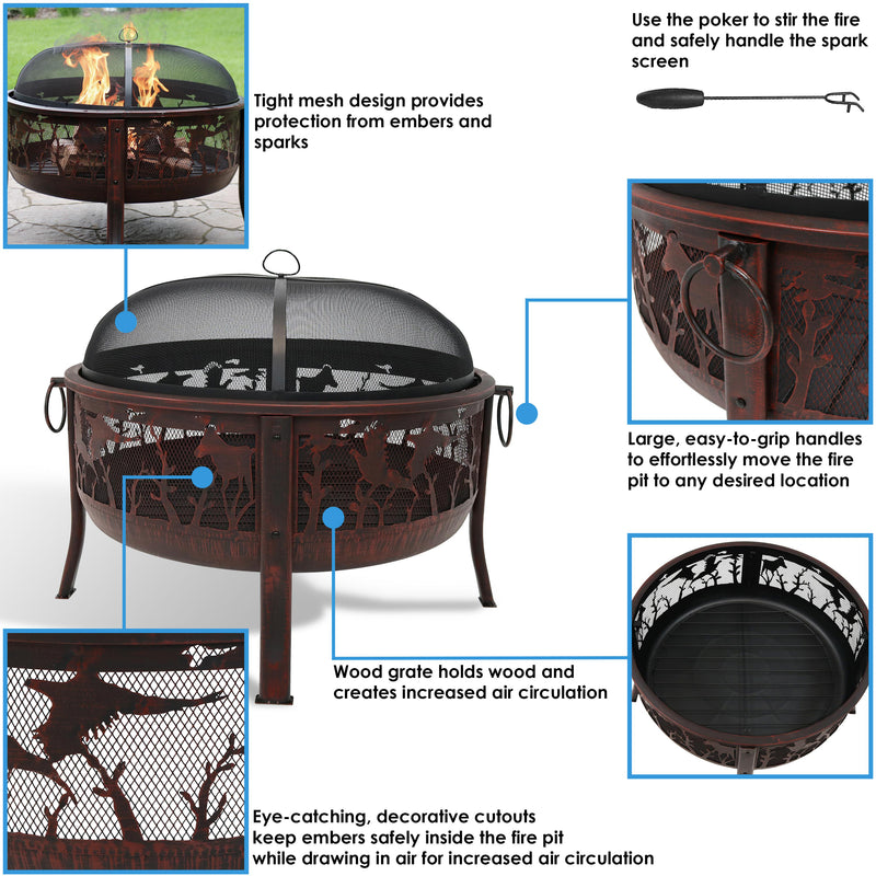 Sunnydaze Pheasant Hunting Fire Pit with Spark Screen - 30" Diameter
