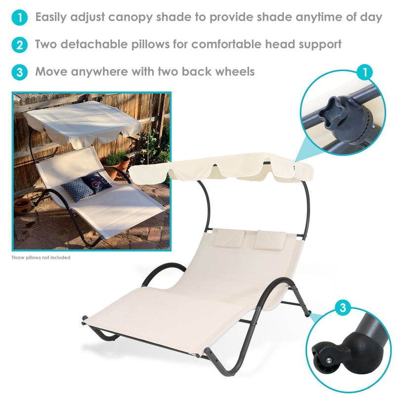 Sunnydaze Double Chaise Lounge with Canopy and Headrest Pillow - Beige