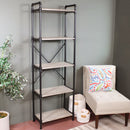 5 tier black pipe bookshelf with oak gray shelves
