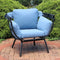 Profile view of blue luxury egg chair with canopy in upright position.