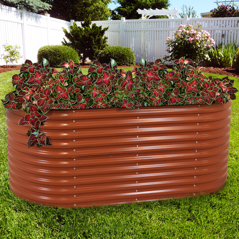 brown steel oval raised garden bed