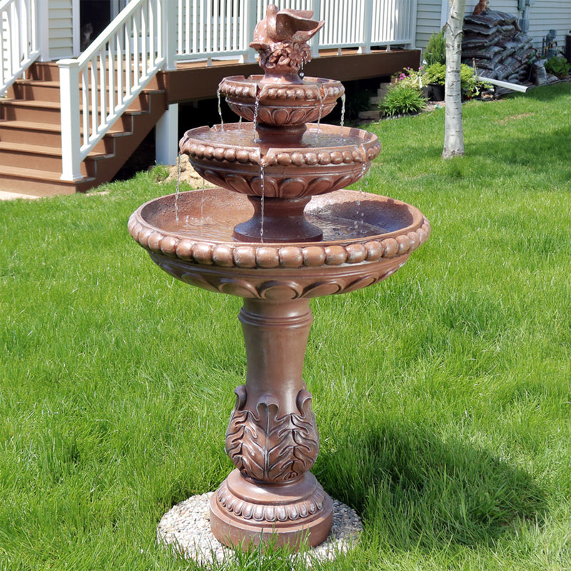 Dove-inspired outdoor 3 tier water fountain displayed in the front yard.
