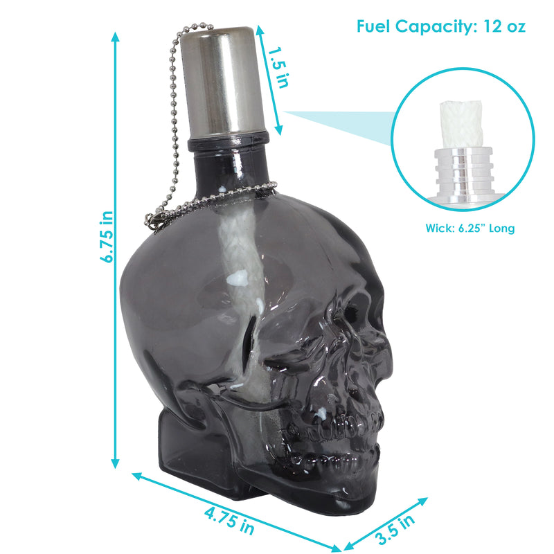 Back view of a black, clear skull torch with metal snuffer cap and chain.