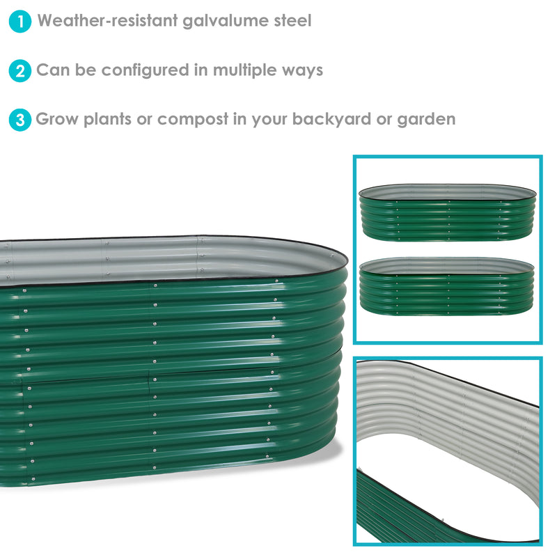 Two green garden beds with text that reads, Garden beds can be assembled separately to create two 79-inch wide beds.